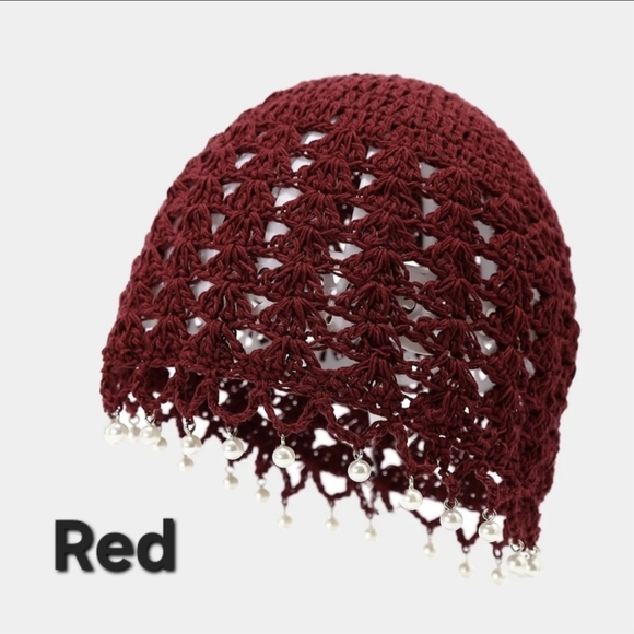 Crochet Beanie Faux Pearl Tassels - Black, Burgundy, Tan, Cream - Picture 8 of 12